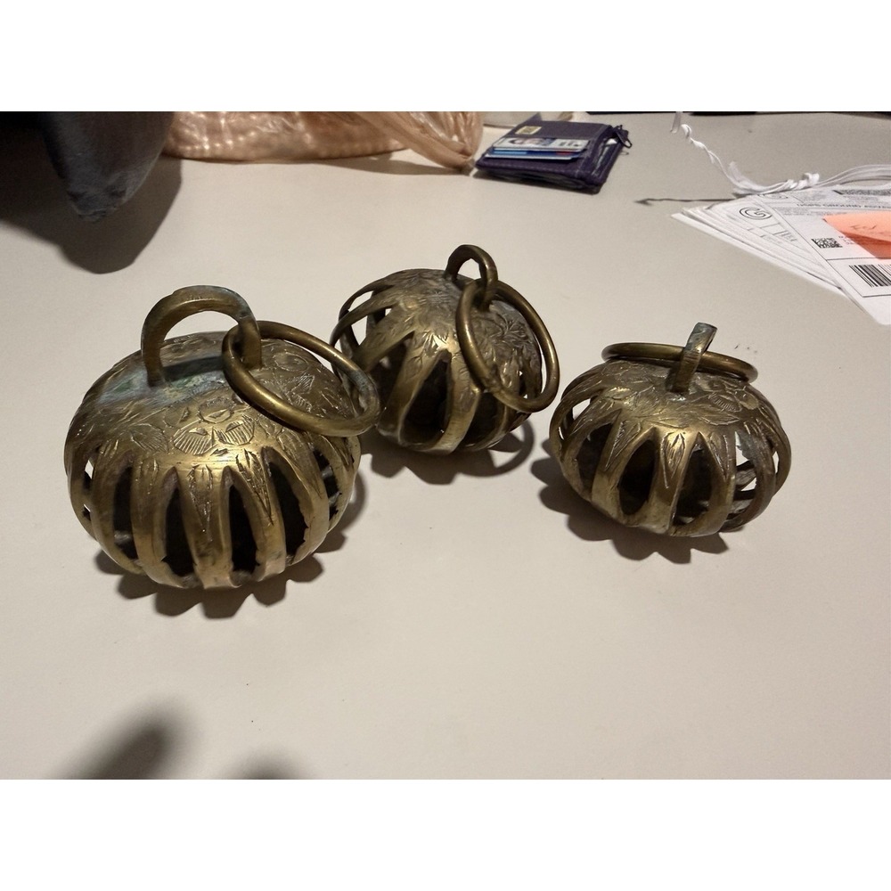 Vintage Floral Etched  & Round Brass Elephant Claw Bells India Lot of 3